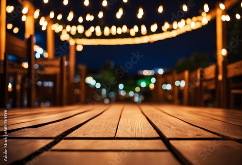 an event place at night with a wooden ground, blurred light in the background, tables and chairs photo