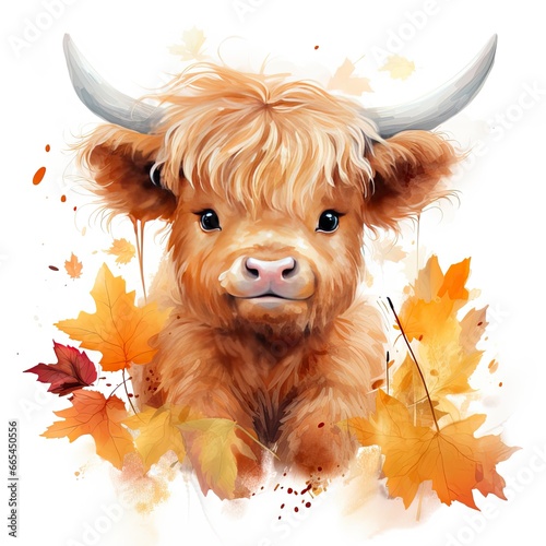 Happy cute baby highland cow in autumn leaves in the watercolor style. photo