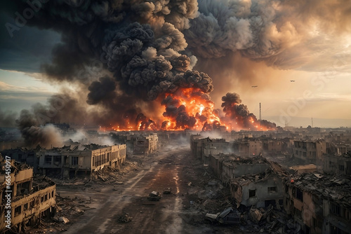 World War 3, illustrating the global conflict and its impact on cities and landscapes