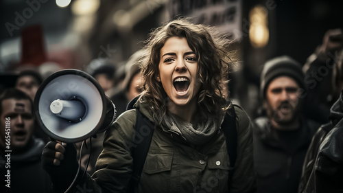 a woman shouting through megaphone on a workers environmental protest in a crowd in a big city. black and white documentary photo. Generative AI © Shubby Studio