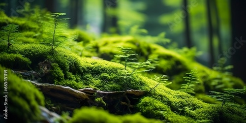 Green moss closeup, with a backdrop of woodland. Forest in the national park.