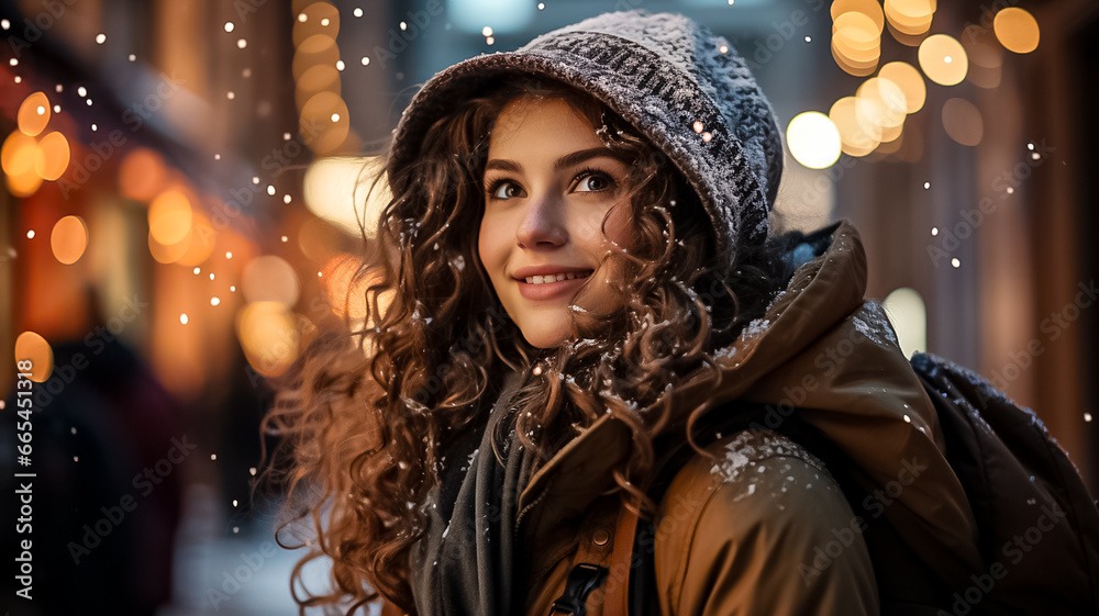 Fototapeta premium A young woman walks in the evening in the Christmas market, decorated with festive lights. winter holidays Design ai