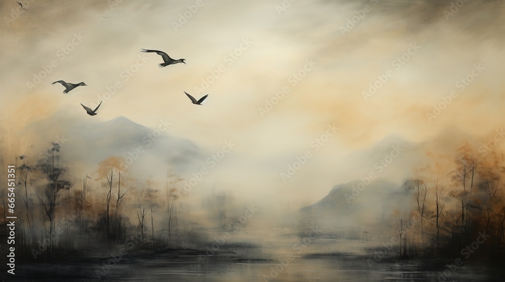 flock of birds flying  over the lake in the mist