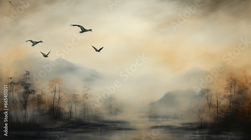 flock of birds flying  over the lake in the mist © Yi_Studio