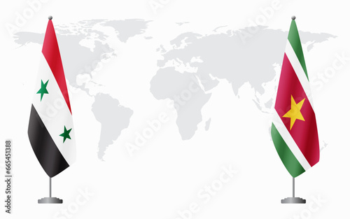 Syria and Suriname flags for official meeting