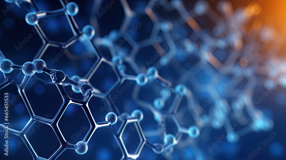 Technology, chemistry, molecular biology, science, materials science, medical. Abstract hexagonal molecular structures on a dark blue background - obrazy, fototapety, plakaty 