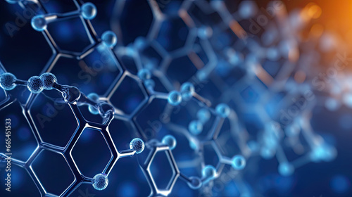 Technology, chemistry, molecular biology, science, materials science, medical. Abstract hexagonal molecular structures on a dark blue background