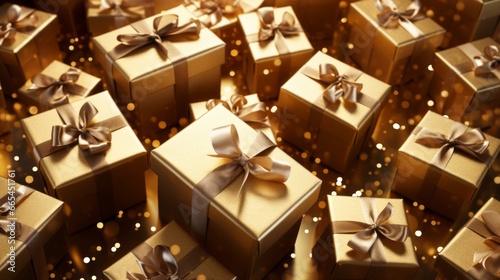 Golden Christmas gift boxes. Minimalistic festive background  horizontal web banner. A cardboard box with a surprise inside with a satin ribbon and a bow. Generative AI.