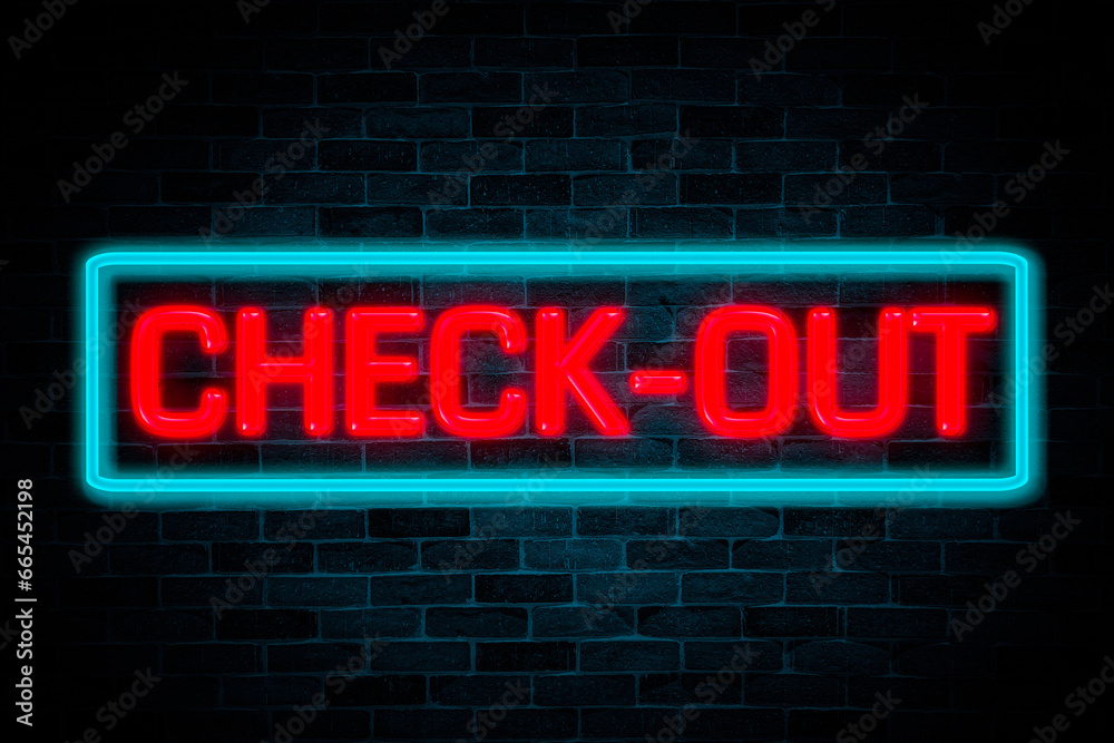 Check-out neon text on brick wall background. Check-out neon text on brick wall background.