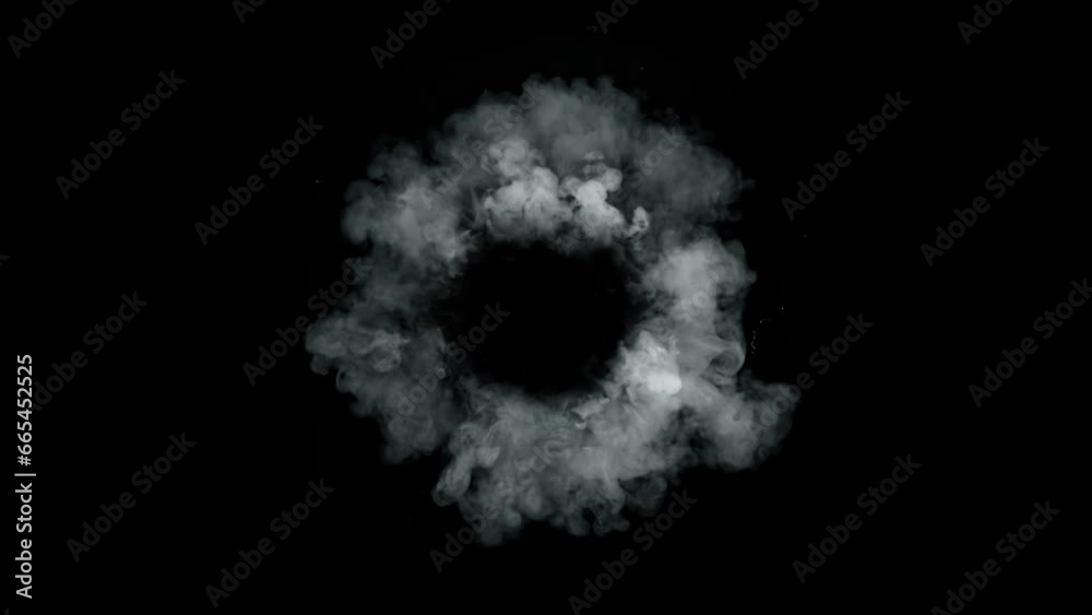 Super Slow Motion Shot of Round Smoke Explosion Towards Camera Isolated on Black at 1000fps. Super Slow Motion Shot of Round Smoke Explosion Towards Camera Isolated on Black at 1000fps.