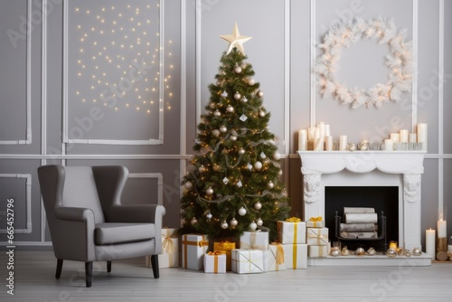 Modern Living Room With Fireplace  Christmas Tree  Gift Boxes And Armchair.