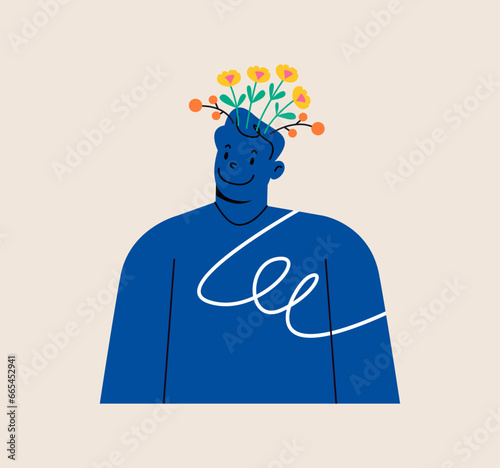 Creative happy male heads with flowers inside. Mental health, happiness, harmony. Colorful vector illustration