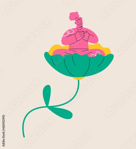 Happy woman sitting in flowers. Concept of self-love. Colorful vector illustration