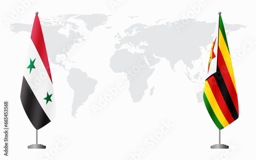 Syria and Zimbabwe flags for official meeting