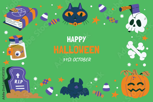 flat background halloween season with gravestone black cat design vector illustration