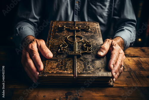 Human senior hands hold locked antique book , hidden knowledge.