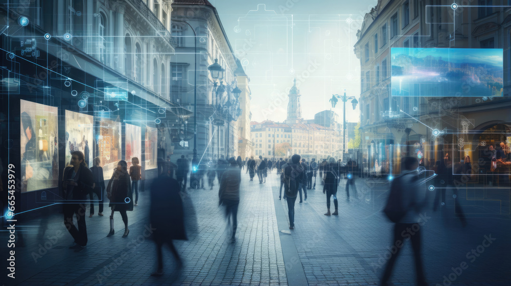 Citizens walk through a city where AI cameras monitor their every step for security and data