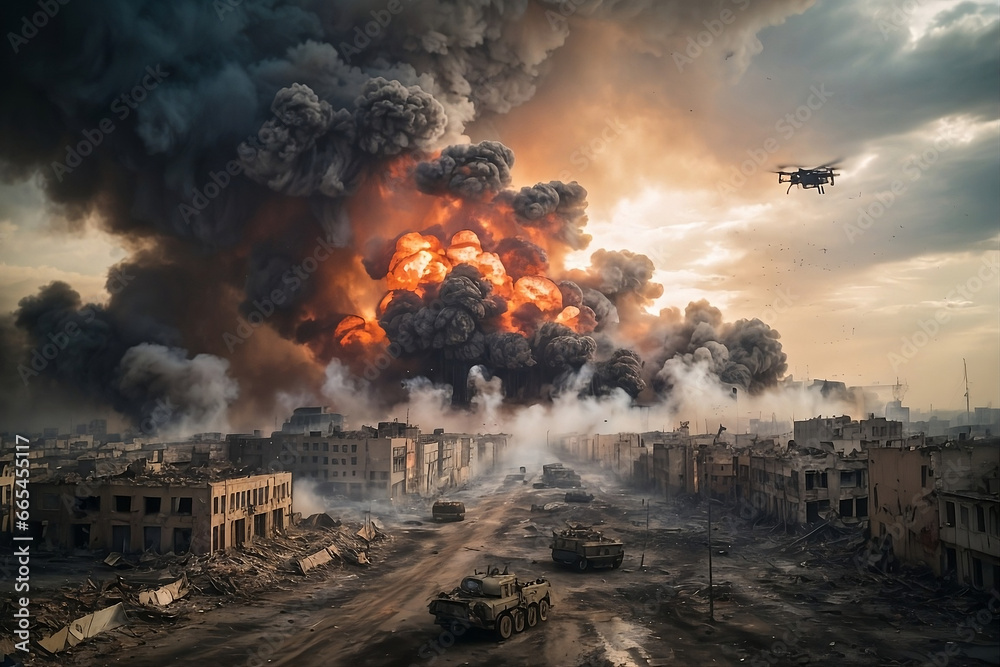 devastation of World War 3, illustrating the global conflict and its impact on cities and landscapes