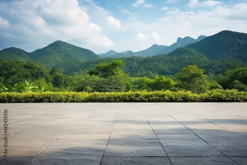 Square floor and green mountain nature landscape.