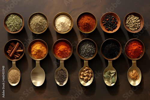 Various spices in wooden spoons on black background. Top view.