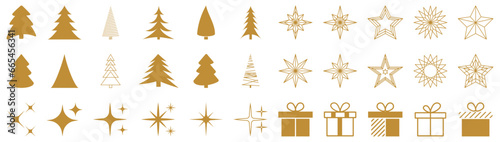 Simple Christmas golden geometric minimalist elements and icons. Happy new year decorations elements. Vector illustration isolated on white background