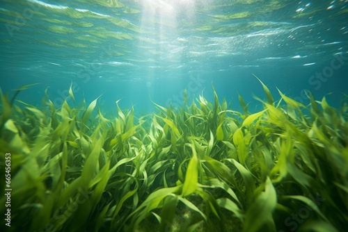 Underwater view of a group of seabed with green seagrass.