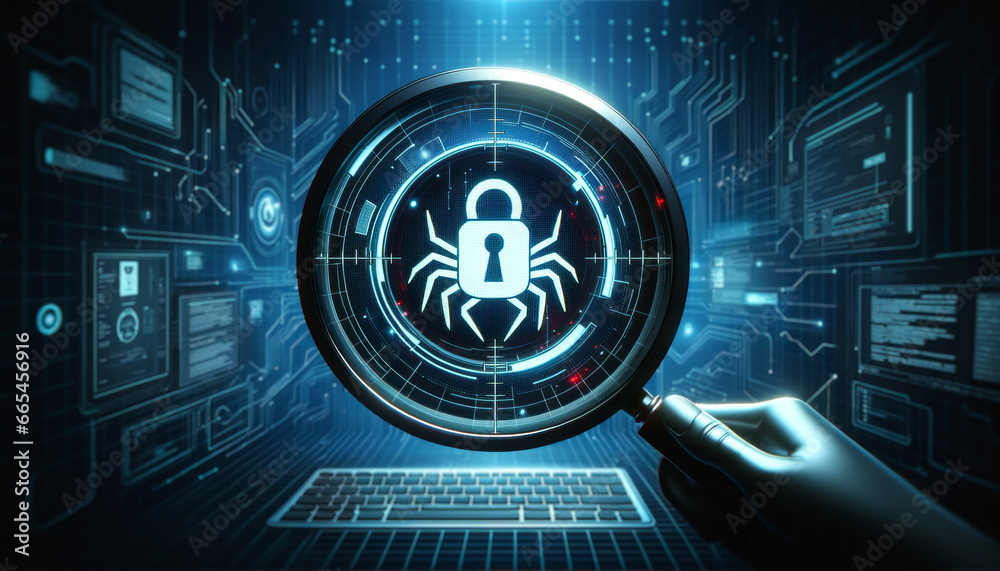 A magnifying lens showing a virus or bug. Ransomware. Cryptolocker. Cybersecurity concept. Protecting your business. Malware. Espionage. Security. Data breach. - obrazy, fototapety, plakaty 