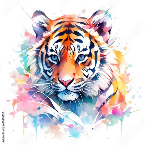 Watercolor tiger head on isolated with white background.