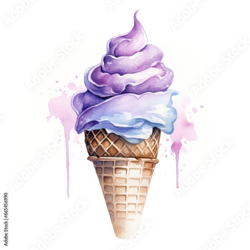 Watercolor ice cream in a waffle cone.