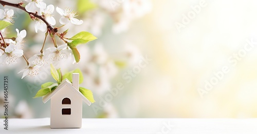 Toy house and cherry flowers, spring abstract natural background. photo