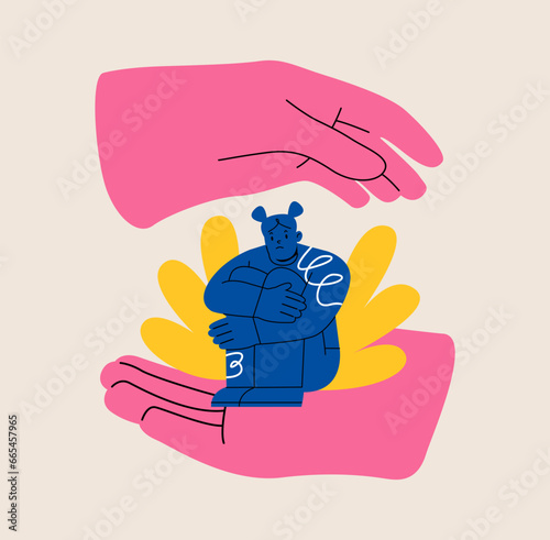 Self-acceptance, support, mental health- the woman sits in big hands and hugs her knees. Colorful vector illustration
