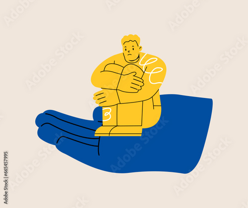Sad man sits on the big hand. Support and care concept for people under stress. Colorful vector illustration