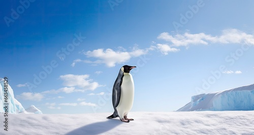 Penguin standing in Antarctica looking into the blue sky.