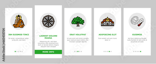 buddhism buddha lotus meditation onboarding mobile vector. buddhist religion, culture statue, zen religious, asia monk, thailand chinese, thai buddhism buddha lotus meditation Illustrations