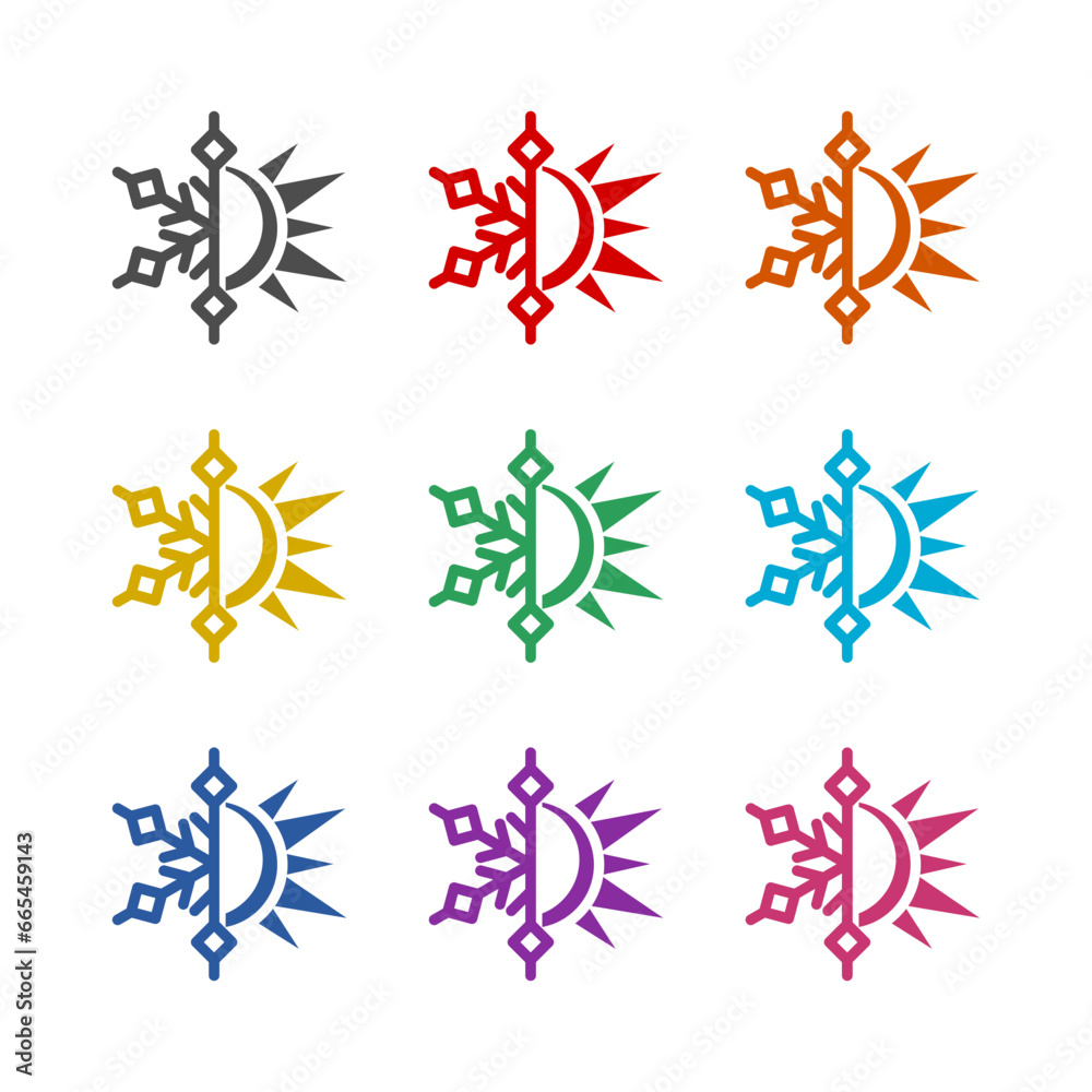 Sun snowflake sign icon isolated on white background. Set icons colorful Sun snowflake sign icon isolated on white background. Set icons colorful