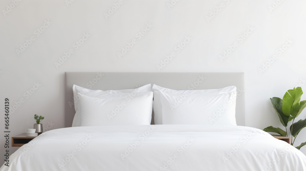 Comfortable double bed white bed sheets and pillows - obrazy, fototapety, plakaty 