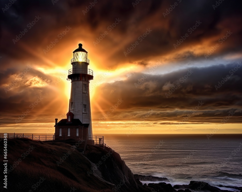 Serene Sunset: A Stunning Lighthouse on a Rocky Cliff with Dramatic Clouds