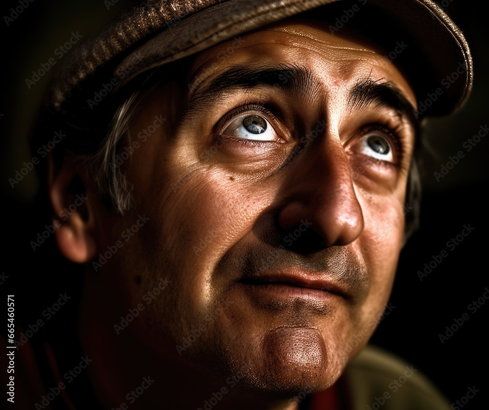 Fototapeta premium Surprised man wearing hat looks up with wide eyes, character portrait