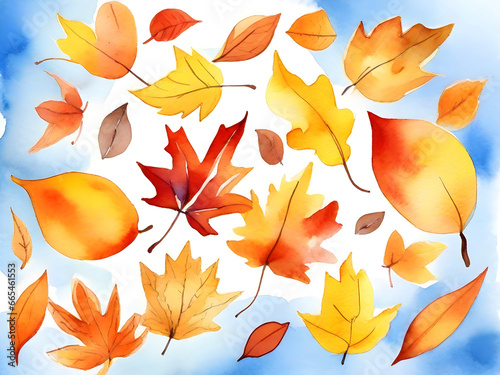 Yellow, orange and red autumn leaves fall and fly in blue sky. Watercolor illustration background, pattern, mockup