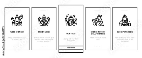 god indian hindu lord krishna onboarding mobile vector. india vishnu, hinduism janmashtami, art shiva, festival mythology, flute deity god indian hindu lord krishna Illustrations