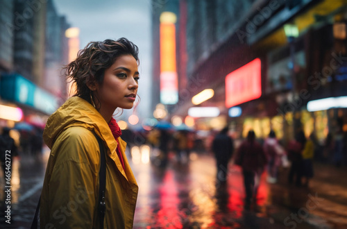 Young beautiful girl with yellow raincoat, runs through the center of a city at dawn on a rainy day, capturing the essence of a city in urban traffic.