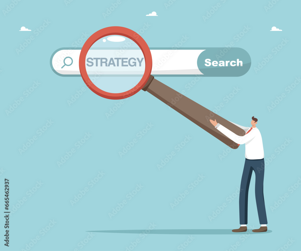 Searching for business development strategies to achieve great success, searching for the necessary information for new opportunities, man points with magnifying glass at the search bar with strategy. Searching for business development strategies to achieve great success, searching for the necessary information for new opportunities, man points with magnifying glass at the search bar with strategy.