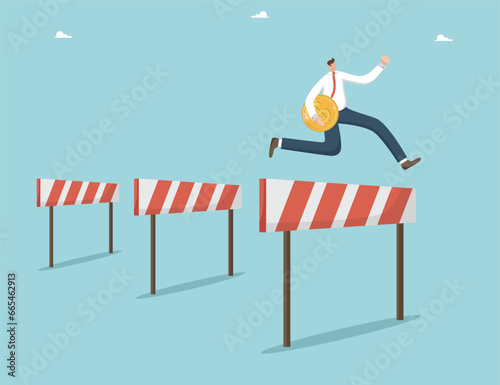 Overcoming unforeseen situations and achieving financial goals, finding a way out of economic instability, creative financial instruments to increase income, a man jumping over obstacles with a coin.