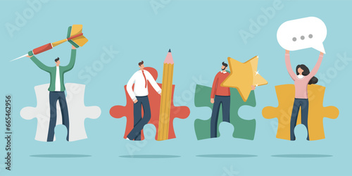 Teamwork to achieve heights in work, collaboration and partnership to complete tasks successfully, brainstorming to achieve business goals, team motivation and performance, people standing in puzzles.
