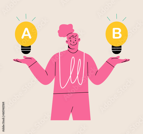 Woman comparing idea A with idea B. Colorful vector illustration
