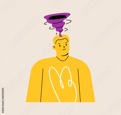 Anxiety or fears concept. Man suffers from negative thoughts or emotions. Colorful vector illustration