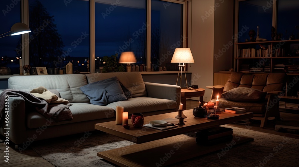 An evening shot of a living room with elegant simplicity, soft indirect lighting and minimalist decor. Modern interior design.  - obrazy, fototapety, plakaty 