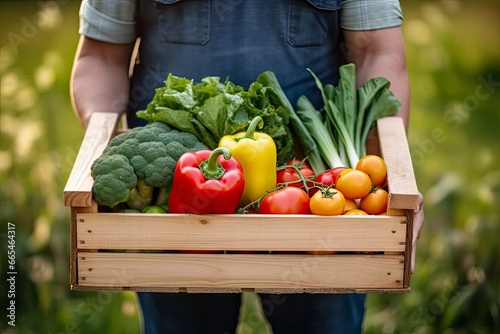 Farmer man holding wooden box full of fresh raw vegetables.