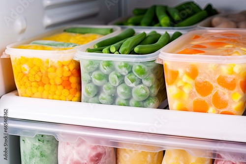 Frozen food in the freezer. Frozen vegetables.