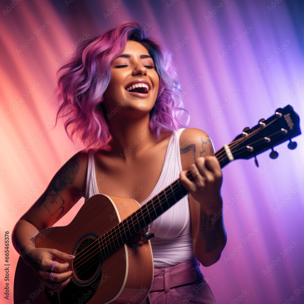 Obraz premium Portrait of a beautiful young woman with pink hair playing guitar.